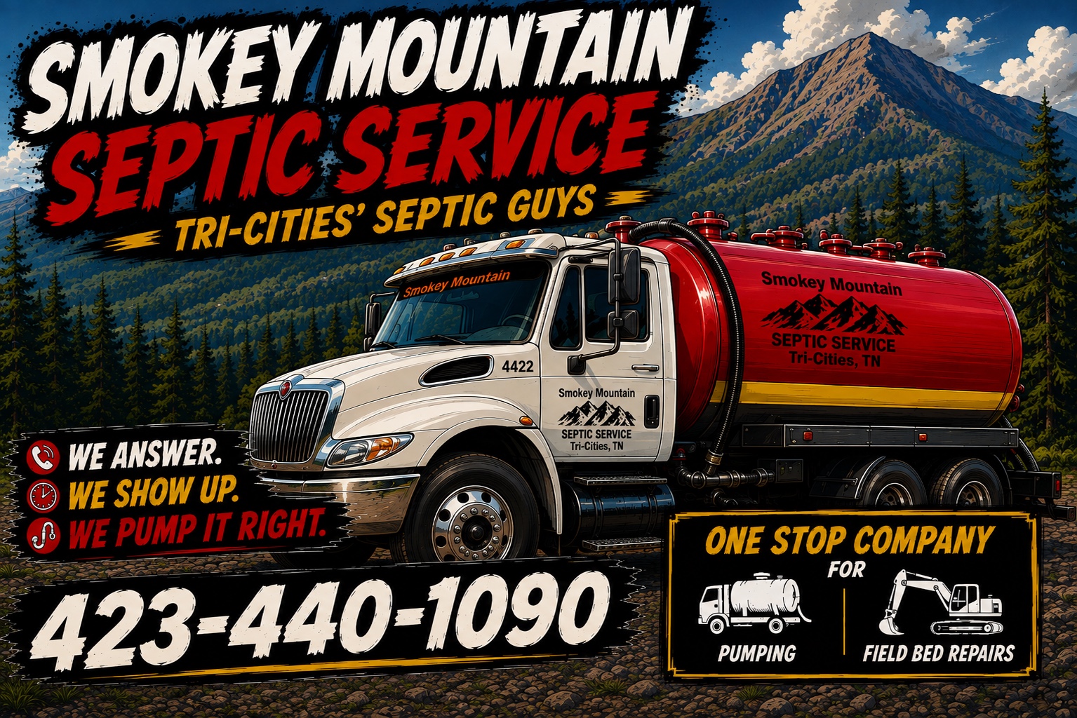Smokey Mountain Septic Service Tri-Cities septic truck advertisement